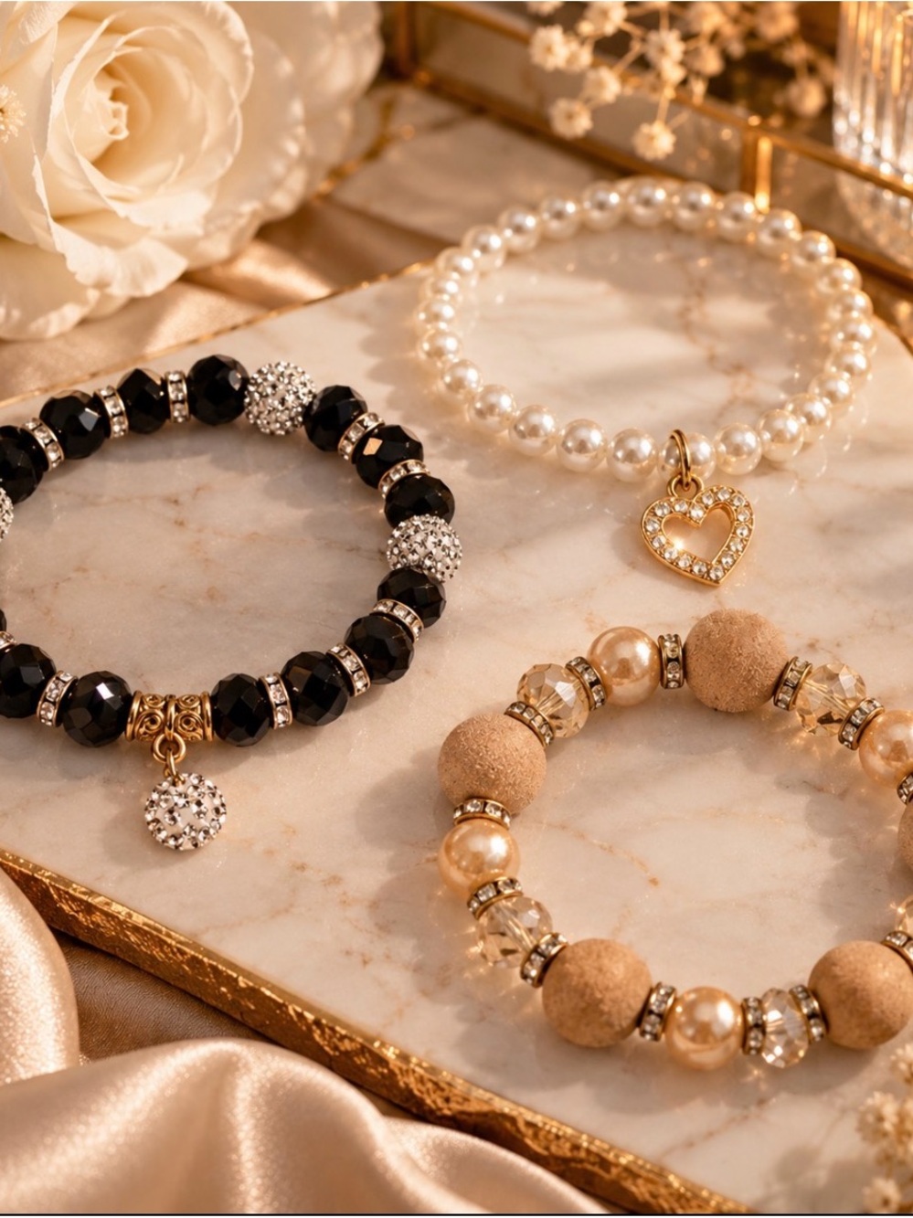 Elegant Pearl and Beaded Stretch Bracelet Set - Black, White, and Champagne